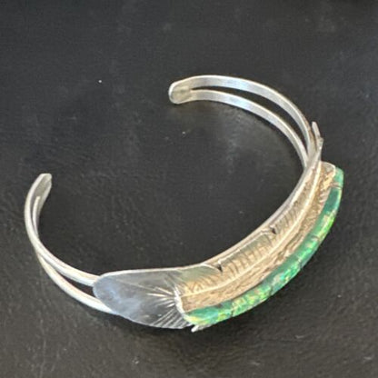 Navajo Green Fire Opal Inlay Bracelet | Sterling Silver | 7" | Authentic Native American Handmade | 15071
