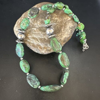 Navajo Green Turquoise Chunky Necklace | Sterling Silver | 21" | Authentic Native American Handmade | 15200