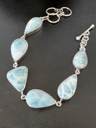 Navajo Blue Larimar Bracelet | Sterling Silver Link | 8" | Authentic Native American Handmade | 16082