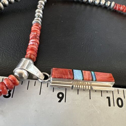 Red Spiny Oyster Opal Inlay Pendant Necklace | Navajo Sterling Silver | 16886
