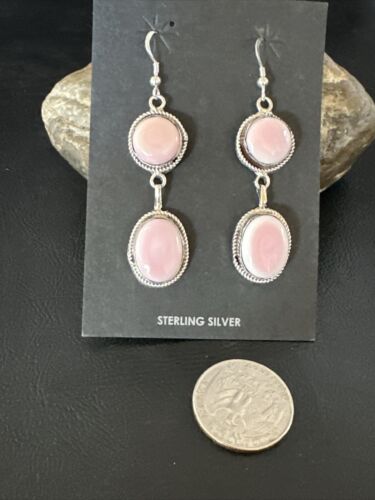Navajo Pink Conch Shell Dangle Earrings | Sterling Silver | Authentic Native American Handmade | 17200