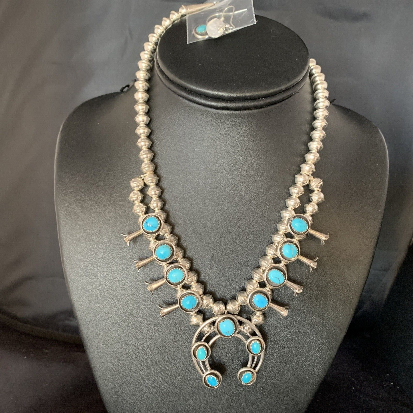 Navajo Kingman Turquoise Shadowbox Squash Blossom Necklace | Sterling Silver | Native American Handmade | 13677
