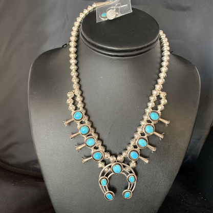 Navajo Kingman Turquoise Shadowbox Squash Blossom Necklace | Sterling Silver | Native American Handmade | 13677