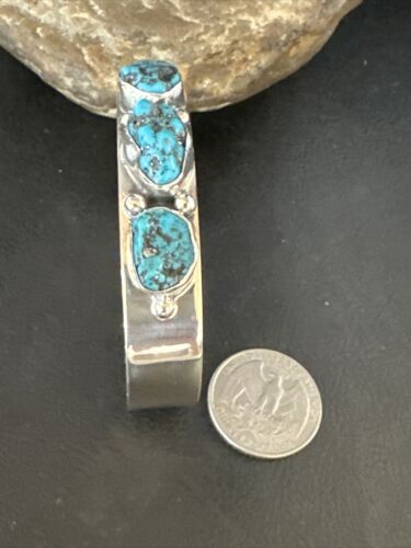 Blue Kingman Turquoise 3 Stone Cuff Bracelet | Navajo Sterling Silver | Authentic Native American Handmade | 15045