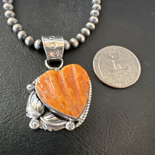 Navajo Orange Spiny Oyster Heart Pendant Necklace | Sterling Silver | Authentic Native American Handmade | 16413