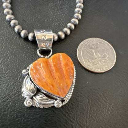 Navajo Orange Spiny Oyster Heart Pendant Necklace | Sterling Silver | Authentic Native American Handmade | 16413