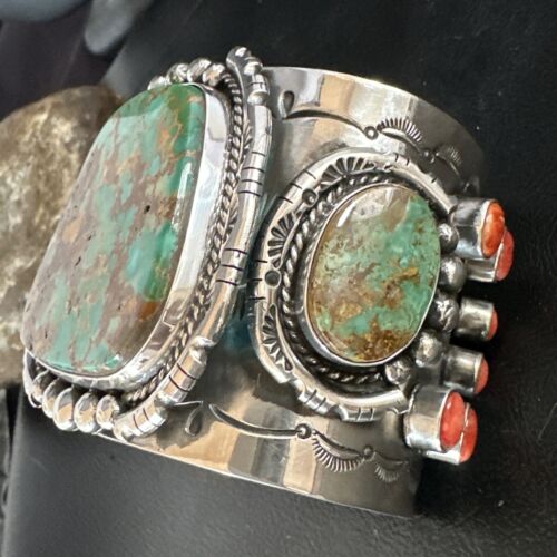 Navajo Green Royston Turquoise Spiny Oyster Cuff Bracelet | Sterling Silver | Authentic Native American Handmade | 15364