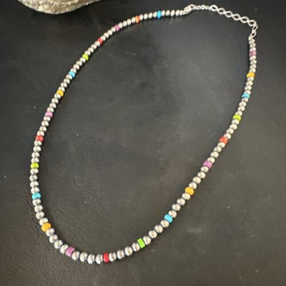 Navajo Multi-Color 4mm Sterling Silver Pearls Necklace | 24" Single Strand | Hook Eye | Authentic Native American Handmade | 94324