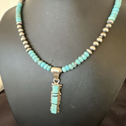 Men's and Women's Turquoise #8 Inlay Pendant Necklace | Navajo Sterling Silver | Authentic Native American Handmade | 17074