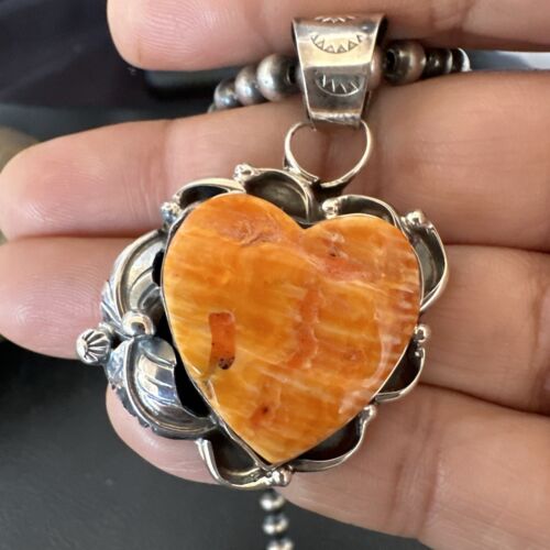 Navajo Orange Spiny Oyster Heart Pendant Necklace | Sterling Silver | Authentic Native American Handmade | 16447