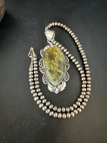 Navajo Green Turquoise Pendant Necklace | Sterling Silver Beads | Authentic Native American Handmade | 14852