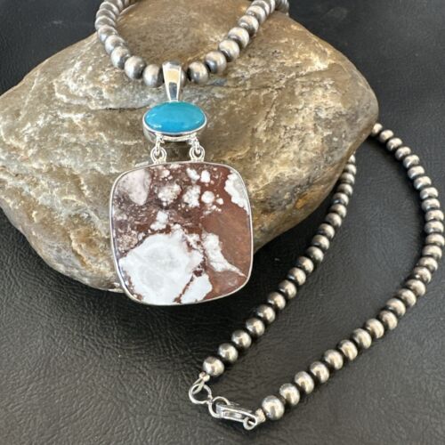 Men's Wild Horse Blue Kingman Turquoise Necklace | Sterling Silver SW Pendant | Multi-Stone | 17324