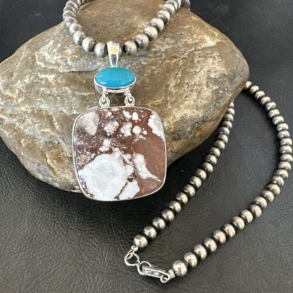 Men's Wild Horse Blue Kingman Turquoise Necklace | Sterling Silver SW Pendant | Multi-Stone | 17324