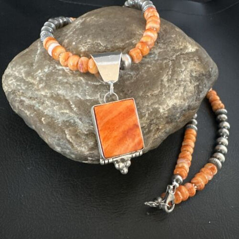 Navajo Pearls Sterling Silver Necklace Orange Spiny Oyster Pendant 17049