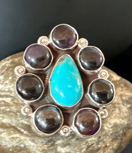 Navajo Blue Kingman Turquoise and Sugilite Cluster Ring | Authentic Native American Sterling Silver | Multi-Stone | Sz 9.5 | 16771