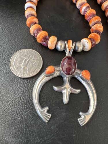 Navajo Orange Purple Spiny Oyster Naja Pendant Necklace | Sterling Silver | Authentic Native American Handmade | 15536