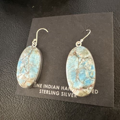 Navajo Blue Turquoise Dangle Earrings | Sterling Silver | Authentic Native American Handmade | 15430