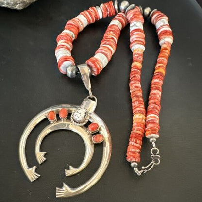 Navajo White Buffalo Spiny Oyster Naja Pendant Necklace | Sterling Silver | 25" | Authentic Native American Handmade | 17421