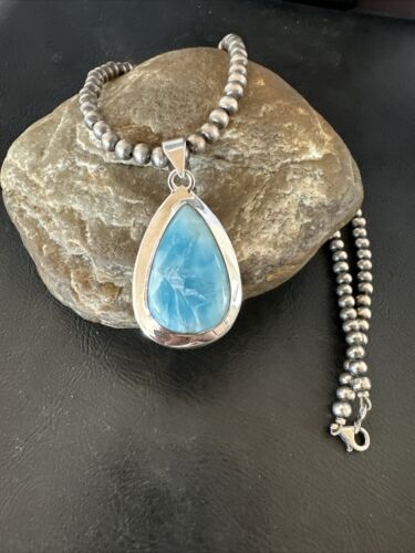 Navajo Blue Larimar Pendant Necklace | Sterling Silver Beads | Authentic Native American Handmade | 17604