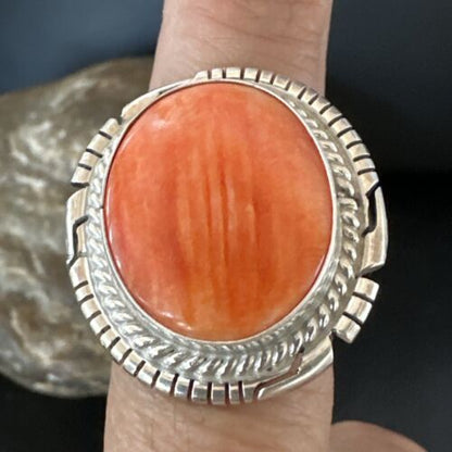 Navajo Orange Spiny Oyster Ring | Sterling Silver | Sz 8 | Authentic Native American Handmade | 16035