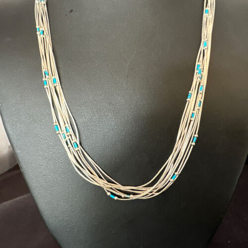 Navajo Blue Turquoise Heishi Necklace | 10 Strand Liquid Sterling Silver | 20" | 15887