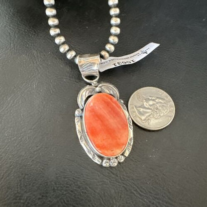 Navajo Orange Spiny Oyster Pendant Necklace | Sterling Silver | Authentic Native American Handmade | 15631