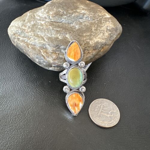 Navajo Green Turquoise Spiny Oyster Multi-Stone Ring | Authentic Native American Sterling Silver | Sz 10 | 16711