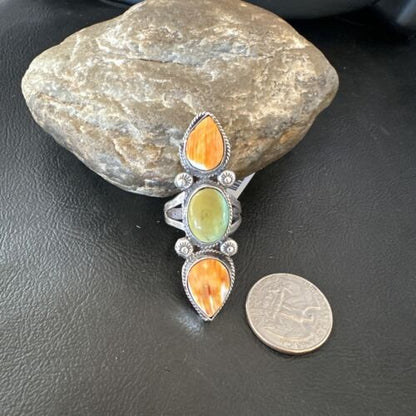 Navajo Green Turquoise Spiny Oyster Multi-Stone Ring | Authentic Native American Sterling Silver | Sz 10 | 16711