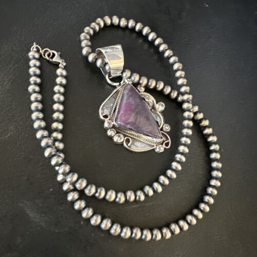 Navajo Purple Sugilite Pendant with Pearls | Sterling Silver Bead Necklace | Authentic Native American Handmade | 15412