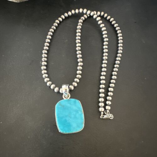 Blue Kingman Turquoise Pendant | Navajo Pearls | Sterling Silver Necklace 20" | 16697