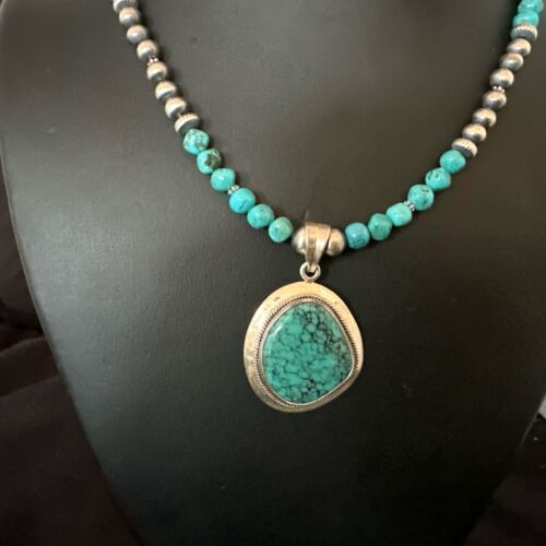 Men's Blue Spiderweb Turquoise Pendant Necklace | Navajo Sterling Silver | Authentic Native American Handmade | 17085
