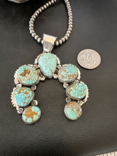 Navajo Blue Turquoise #8 Squash Blossom Necklace Naja Pendant | Sterling Silver | Authentic Native American Handmade | 16896