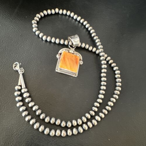 Navajo Orange Spiny Oyster Pendant Necklace | Sterling Silver | 20" | Authentic Native American Handmade | 16141
