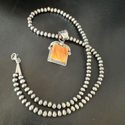 Navajo Orange Spiny Oyster Pendant Necklace | Sterling Silver | 20" | Authentic Native American Handmade | 16141
