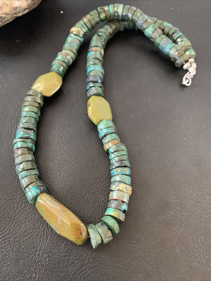 Men's Navajo Green Turquoise Nugget Heishi Bead Necklace | 21" | Sterling Silver | 02144