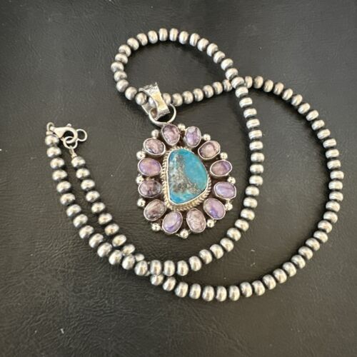 Purple Charoite Turquoise Pendant | Navajo Pearls | Sterling Silver Necklace 21" | Multi-Stone 17190
