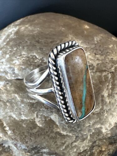 Navajo Ribbon Boulder Green Turquoise Ring | Sterling Silver | Sz 8.5 | Authentic Native American Handmade | 16386
