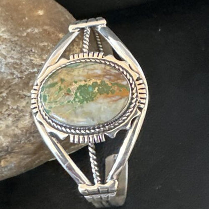 Navajo Green Boulder Turquoise Cuff Bracelet | Sterling Silver | Authentic Native American Handmade | 16245