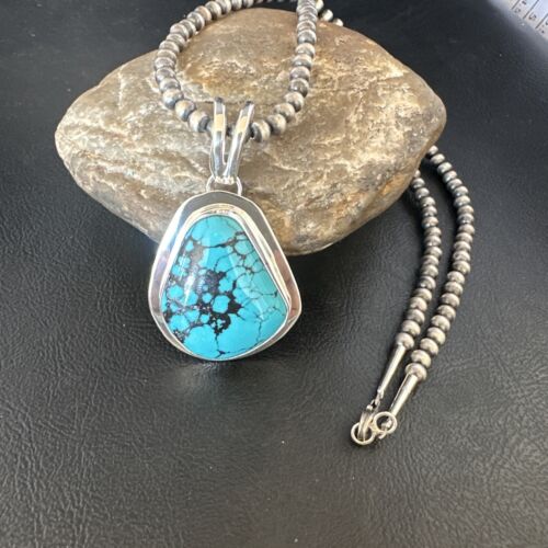 Men's Blue Spiderweb Turquoise Pendant Necklace | Navajo Sterling Silver | Authentic Native American Handmade | 14972