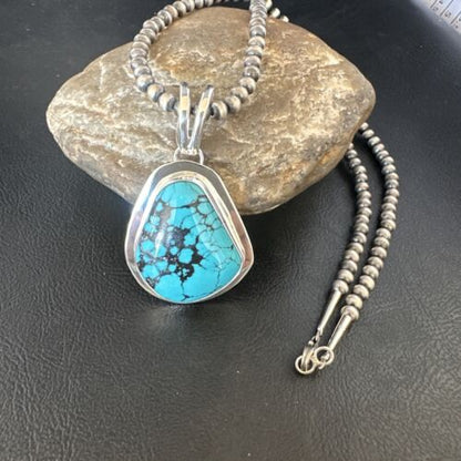 Men's Blue Spiderweb Turquoise Pendant Necklace | Navajo Sterling Silver | Authentic Native American Handmade | 14972