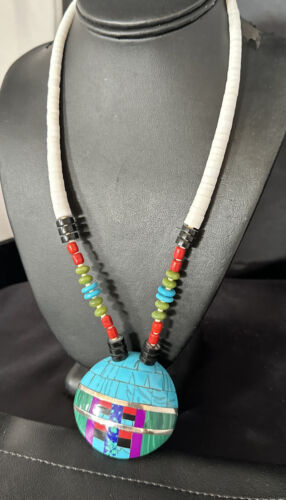 Santo Domingo Shell Turquoise Coral Inlay Necklace | Sterling Silver | 22" | Stabilized | 15324