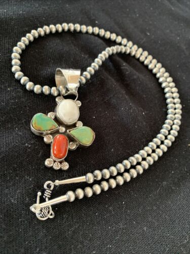 Navajo Turquoise & Coral Naja Pendant Necklace | Sterling Silver | Native American Handmade | 1477