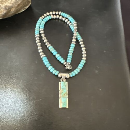 Turquoise #8 Inlay Pendant Necklace | Navajo Sterling Silver | Authentic Native American Handmade | 17121
