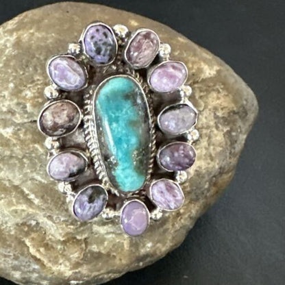 Navajo Kingman Turquoise Charoite Ring | Authentic Native American Sterling Silver | Multi-Stone | Sz 10 | 17181