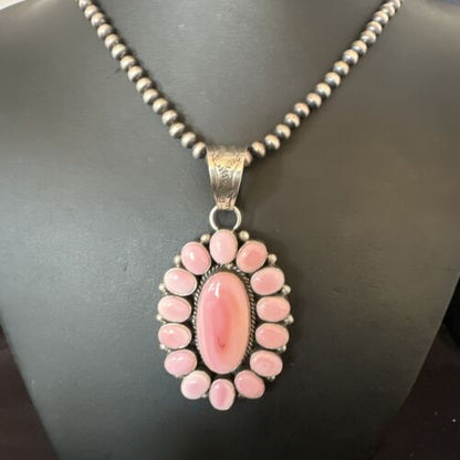 Navajo Pearls Pink Conch Necklace with Multi-Stone Cluster Pendant | Authentic Native American Handmade | 16063
