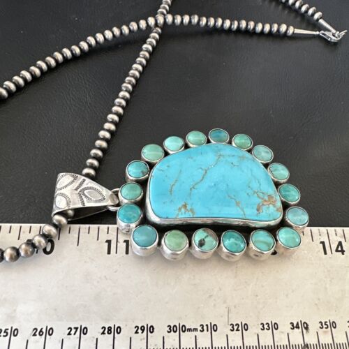 Navajo XL Blue Kingman Turquoise Cluster Pendant Necklace | Sterling Silver | Native American Handmade | 16796
