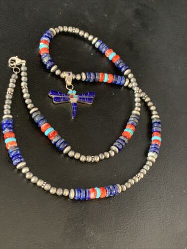 Blue Turquoise & Lapis Dragonfly Pendant Necklace | Navajo Sterling Silver | Authentic Native American Handmade | 13537
