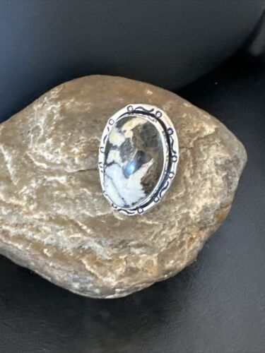 White Buffalo Turquoise Navajo Ring | Sterling Silver | Sz 9 | Authentic Native American Handmade | 16388