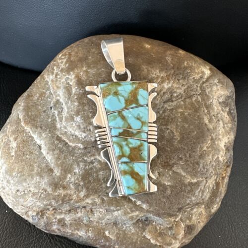 Navajo Blue #8 Turquoise Inlay Pendant | Sterling Silver | 2" | Authentic Native American Handmade | 15681