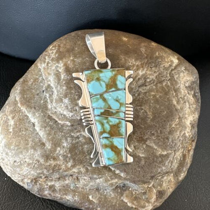 Navajo Blue #8 Turquoise Inlay Pendant | Sterling Silver | 2" | Authentic Native American Handmade | 15681